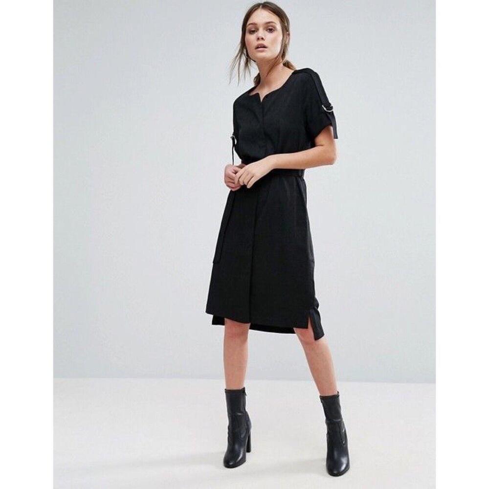 Selected Femme Women Size 36 Small Black Print Hidden Button Belted Shirt Dress